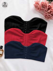 3pcs/Set Multi-Color Front Button Bras, Strapless Seamless Bra With Wireless And Single Layer No Shoulder Strap, Tube Top For Women - Multicolor - View 5