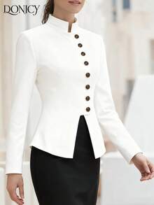 DONICY 女士纯色立领单排扣金属纽扣长袖短款外套，时尚经典复古优雅英伦风白色外套，适合日常休闲、约会、派对、商务场合。 - 白色 - 查看 4