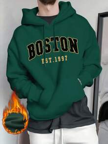 Men's Boston Letter Print Casual Hoodie Sweatshirt, Back To School, Autumn/Winter, Long Sleeve Top