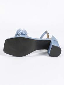 3D Floral Square Toe Women's Shoes, 2.56 Inch Heel Height, Spring/Summer New Elegant Vacation Style Light Blue Summer High Heel Sandals, Suitable For Outdoor Wear, Wedding Bride High Heels, Party Mid Chunky Heel High Heels, Fashionable High-End Women's Heeled Sandals, Shallow Brown Backstrap Ladies' High Heel Shoes - Baby Blue - View 10