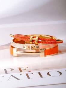 3pcs Fashionable Gold Letter Leather Bracelets, Personalized Charm Jewelry Gift For Girlfriend