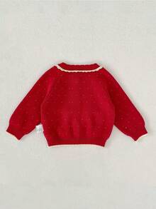 秋冬新款婴儿服装，可爱爱心兔子提花针织开衫，圆领长袖红色圣诞新年风格开襟毛衣 - 紅色 - 查看 7