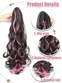 卷发马尾接发，深棕色，爪夹式接发，20英寸波浪马尾假发，合成自然蓬松假发，日常假日使用 - 彩色 - 查看 3