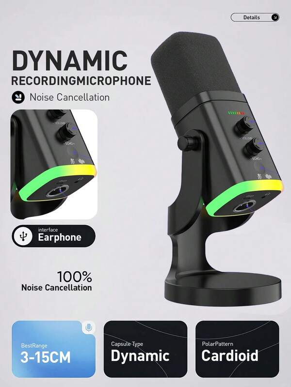 Easypie Selection USB/XLR Dynamic Microphone With RGB Control/Headphone Jack/Mute MIC For PC Gaming Recording Streaming