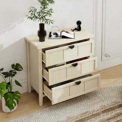 Three-Drawer Cabinet (80*40*80cm), Side Cabinet In Natural Wood Look, Three-Drawer Storage Cabinet With Engraved Lines. Suitable For Living Room, Bedroom, Study And Office.