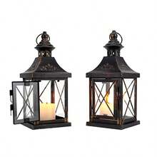 Set Of 2 Decorative Candle Lantern 27 Cm High Metal Candle Holder Hanging Lantern Perfect For Home Decor Halloween Living Room Parties Events Tabletop Indoors Outdoors Black With Gold Brush - Black - View 1