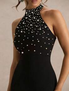 Women's Elegant Pearl Halter Neck Christmas Party Dress - Black - View 9