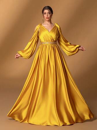 Faeriesty Mosy V-Neck Lantern Sleeve Mother Of The Bride Dress With Adjustable Back Tie & Flowing A-Line Skirt | Elegant Formal Gown For Weddings, Galas, Banquets, Anniversary Dinners, And Black-Tie Evenings