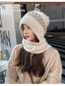 Plush Bear Ear Beanie Scarf Set, Cute Knitted Winter Hat For Women, Warm Thermal Lined Fall Valentines Gift,Beach,Travel - Multicolor - View 11