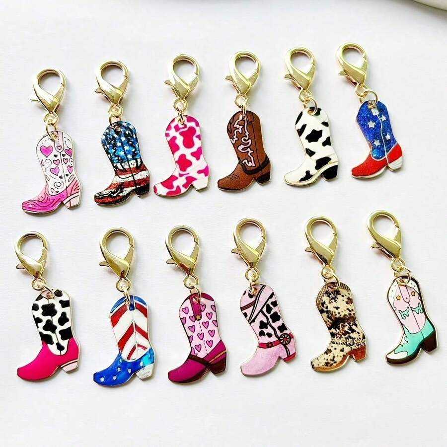 12 Pieces/Cowboy Boot Hanging Keychain Retro Western Style Cowboy Boot Set, Zinc Alloy, Various Western Style Boot Decorations, Geometric Patterns, Bojano Theme - Nhiều màu - Xem 1