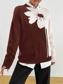 Áo len dệt kim cổ tròn Jacquard màu tương phản cỡ lớn - Màu nâu - Xem 3