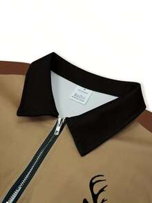 Men's Polo Shirt, Colorblock Deer Print Half-Zip Collar Long Sleeve Polo Top, Suitable For Casual Daily Wear And Outdoor Activities, Spring/Autumn/Winter - Khaki - View 3