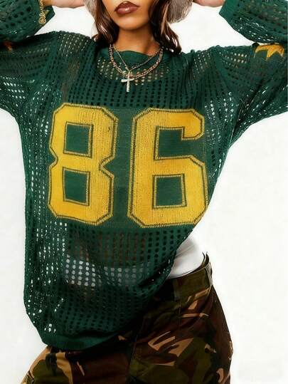 Camiseta holgada de manga larga con cuello O, estampado de letras y transparencia, de unicolor y malla, para uso casual de mujer en verano