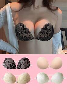 4件/套 女士隐形蕾丝提拉粘性文胸，无肩带，可重复使用粘性硅胶文胸 - 无缝露背U型深V硅胶粘性文胸，适合连衣裙、婚礼、派对、正式场合、夏季服装（请注意，由于生产批次不同，乳贴图案可能略有差异） - 彩色 - 查看 14