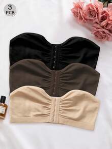 3 件套前扣内衣文胸套装，无肩带无缝内衣，无钢圈和抹胸短款上衣 - 彩色 - 查看 4