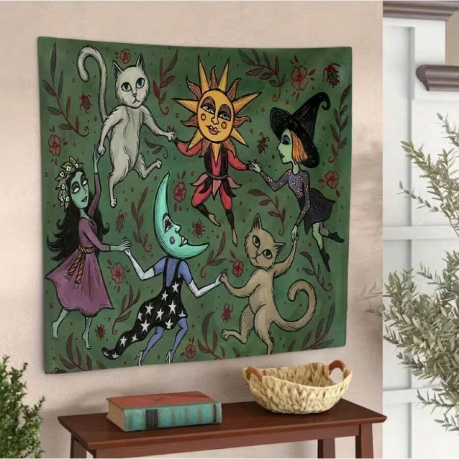 [Whimsical Celestial Tapestry] 1pc Whimsical Celestial Tapestry With Sun, Moon, And Cats - Vibrant Polyester Wall Hanging For Living Room Or Bedroom Decor, Artistic Character Design, Indoor Use, No Power Needed, Bedroom Wall Art |   Whimsical Design |   Detailed Illustration, Moon Decor - A - Xem 1