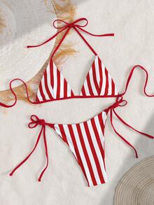 女士两件套性感时尚紫色比基尼套装，随机印花，夏季沙滩度假泳装 - 紅色 - 查看 5