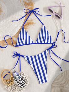 Women's Swimsuit; Fashionable; Purple Two Pieces Swimwear; Summer Beach; Bikini Set; Random Print. - Blue - View 4