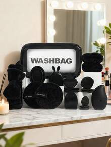 19pcs Makeup Brush Set, Including: 1 Multi-Functional Zipper Waterproof Makeup Bag + 3 Triangle Makeup Sponges + 3 Mini Air Cushion Makeup Sponges + 1 Hair Tie + 2 Bowl Hanging Ropes + 2 Cleansing Sponges + 2 Makeup Brush Cleaning Tools + 1 Face Ice Pack + 1 Silicone Soft Hair Brush + 3 Air Cushion Makeup Sponges - Black - View 12