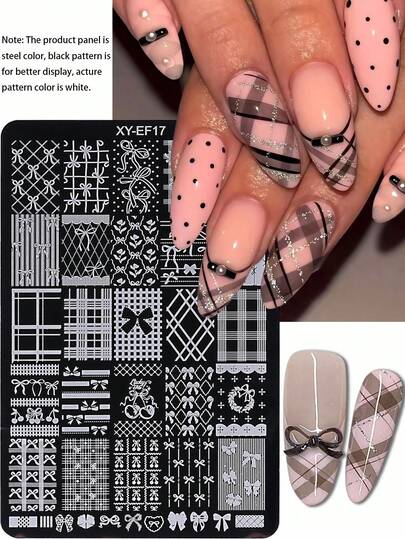 1pc Geometric Line Grid Nail Art Stamping Plate, Elegant Bow & Cherry Pattern Steel Nail Art Template, DIY Printing Nail Art Tool Accessory, Nail Art Supplies