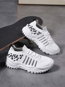 Women Knit Lace-Up Chunky Sneakers Letter Print Casual Walking Shoes - White - View 5