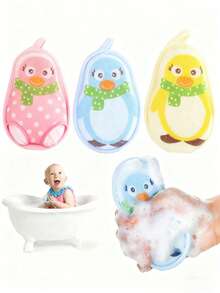 1 pieza Esponja de baño de bebé con diseño de pingüino de dibujos animados, toalla de lavado con champú para recién nacidos - Multicolor - Ver 1