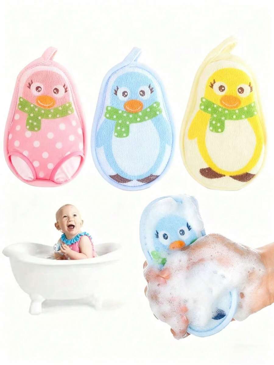1 pieza Esponja de baño de bebé con diseño de pingüino de dibujos animados, toalla de lavado con champú para recién nacidos - Multicolor - Ver 1