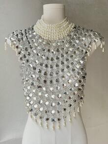 1pc Sparkling Full Crystal Rhinestone Silver-Plated Tassel Sexy Women's Body Chain Bra Top, Mesh Tassel Chest Chain Jewelry Necklace Lingerie, Luxury Crystal Body Jewelry Bikini Bra, Nightclub Shiny Mesh Tassel Rhinestone Bra Chain Pendant Body Chain Accessory, Sexy, Fashionable, High-End Crystal Embellished Chest Chain Top - Silver - View 4