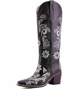 Women's Western Cowboy Boots Knee High, Floral Embroidered Vintage Cowgirl Boots With Pointed Toe & Chunky Heel, Pull-On Tabs For Country Style, Concert, Party And Daily WearChristmas - 棕色 - 查看 1