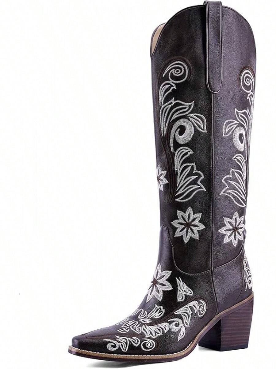Women's Western Cowboy Boots Knee High, Floral Embroidered Vintage Cowgirl Boots With Pointed Toe & Chunky Heel, Pull-On Tabs For Country Style, Concert, Party And Daily WearChristmas - 棕色 - 查看 1