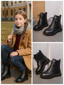 1 Pair Beige Kids' Boots, Fashion Classic Basic Versatile Solid Color PU Leather Front Lace-Up Design Round Toe Flat Bottom Non-Slip Comfortable Cute Short Shaft Knight Boots, Suitable For 3-12 Years Old Boys And Girls Students Daily Wear, Party, Outdoor, Autumn/Winter New Style - Black - View 3