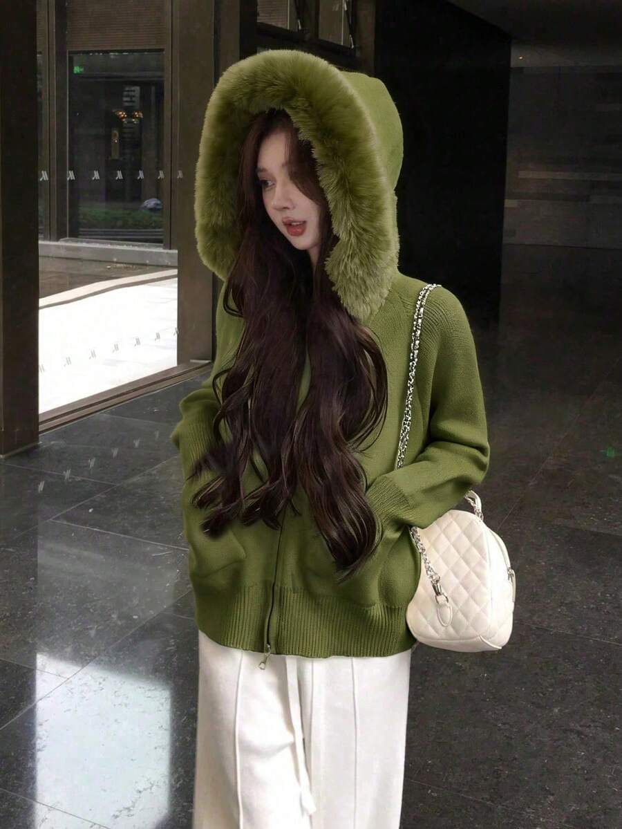 女款休闲毛领连帽针织开衫，宽松修身，秋季 - 綠色 - 查看 1