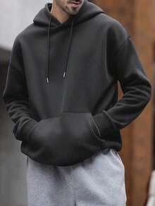 Popular Hoodies For Men'sMen's Solid Color Drop Shoulder Long Sleeve Drawstring Pocket Casual Hoodie, Autumn/Winter,Back To Schoolroomy And Comfortable - Màu xám đen - Xem 2