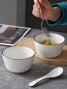 4/2pcs Ceramic Vertical Striped 5-Inch Bowls, Simple Black Rim Handmade Ceramic Dinnerware, American Style Round Rice/Dessert Bowls, Suitable For Home Kitchen, Dining Room Gatherings, Kitchen Supplies, Oven And Microwave - Multicolor - View 7