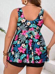 Plus Size Women Tropical Plant Print V-Neck Modest Dress Style Swimsuit