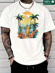 Men's Casual T-Shirt With Palm Tree, Coconut And Sunset Print, Ideal Spring/Summer, Family Outings Or Leisure Time, Round Neck 180g, Machine Washable - trắng - Xem 2