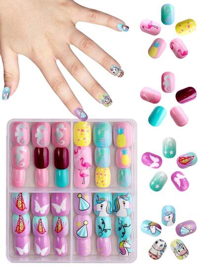 NAIO 96片/套 Y2K 酷炫风儿童美甲贴片，亚克力材质，预涂凝胶，全覆盖，闪亮可爱渐变，包含独角兽、鸵鸟、蝴蝶、海马、菠萝等元素。儿童短款粘贴式美甲套装，适合小女孩 - 可爱动物园主题美甲用品