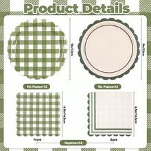 48PCS Sage Green Gingham Paper Plates And Napkins Sets - Sage Green Scalloped Party Supplies Tableware, Disposable Dinner Plates Napkins Kit Birthday Shower Wedding Party Decorations - Cây xô thơm xanh - Xem 2