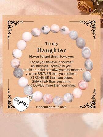 Pulsera con colgante de corazón de piedra de cebra rosa con tarjeta de regalo para hija/hermana/hijo/amigo/mamá/AMOR, joyería de cuentas hecha a mano