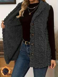 女士纯色连帽针织背心，无袖纽扣开衫，常规长度，带绒毛细节 - 灰色 - 查看 6