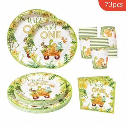 Đĩa, khăn ăn, cốc dùng một lần Jungle Dinosaur - Đồ dùng tiệc tùng cho 16 khách, đĩa giấy dùng một lần thích hợp cho sinh nhật, đám cưới, tiệc tùng, dã ngoại gia đình
