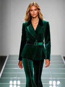 GLOURI Elegant Women's Long Sleeve Shawl Collar Velvet Pant Suit With Belted Regular Fit, A Non-Stretch Woven Fabric Two-Piece Set - 綠色 - 查看 2