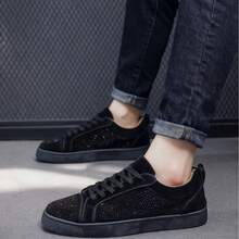 Men's Shiny Diamond Decor Low-Top Round Toe Breathable Stylish High-End Casual Leather Shoes, Non-Slip Red Bottom, Versatile Personalized Sneakers Suitable For Youths, Stage, Party, Outdoor, Travel - Black - View 1