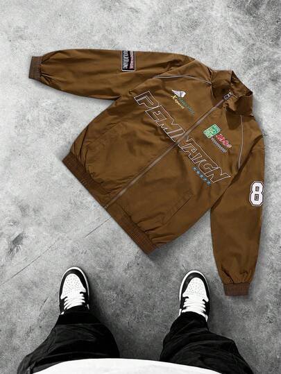 MAISONFOX Men's Casual Letter Print Long Sleeve Jacket, Spring/Autumn Street Style Racing Jacket, Black Motorcycle Jacket, Long Sleeve Fashion Designer Bomber Jacket, Street Style Version, Gift For Friends, Husband, Boyfriend