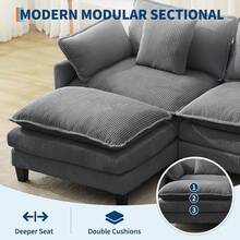 3-Seater Modular Sectional Sofa With 2 Ottomans, Corduroy Deep Seat Couch, Double Layer Cushion, Plush Backrest & Armrest Pillow, Cozy Cloud Couch For Living Room Apartment  146.5" L Modular Sectional Sofa With Ottoman, Corduroy Cloud Couch U-Shaped, Deep Seat Comfy Couch For Living Room, Movable Ottoman & Pillows  112 In U Modular Sectional Sofa, Corduroy Cloud Couch With Movable Ottoman & Throw Pillows, Modern L/U-Shaped Sofa, Comfy Deep Seat Couch For Living Rooms, Offices, Bedroom And Apartment - 灰色-112"-L Shape 3 Seats - 查看 4