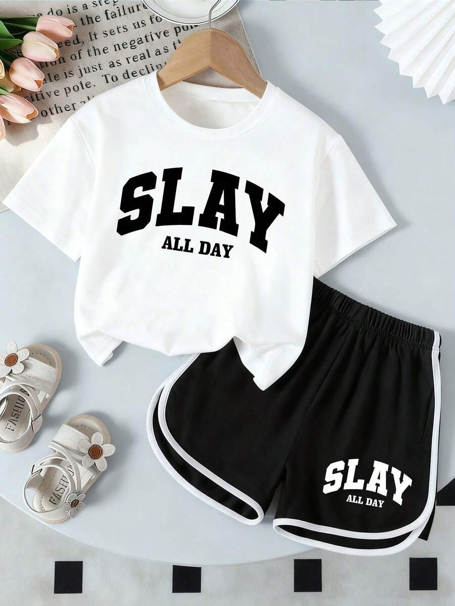 女童字母印花圆领短袖T恤和短裤休闲套装 - 白色 - 查看 1