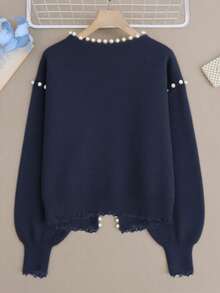 Cardigan de punto de unicolor con estampado, decoración de perlas, cuello redondo, mangas abullonadas tipo farol y bajo con volantes, adecuado para citas, desplazamientos diarios, vacaciones de primavera y reuniones - Azul Marino - Ver 7