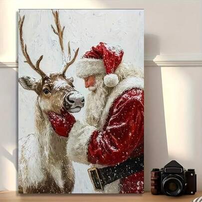 1pc Unique Wrapped Wooden Canvas Poster, Christmas Deer And Santa Claus Canvas Painting Ideal For Home, Office, Bathroom, Living Room, Cafe, Bar, And Game Room Wall Decoration, Perfect Gift For Any Space