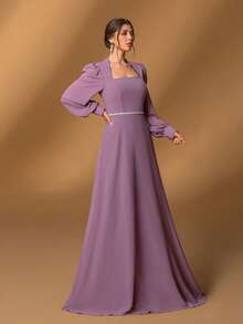 Faeriesty Mosy Elegant Square Neck Bishop Sleeves Chiffon Party Dress Evening Dress Mother Of The Bride Dress - Mauve Purple - View 6