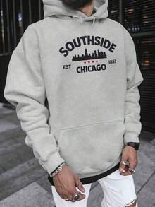 South Side Fundada en 1857, Sudadera de Terciopelo Impresa para Hombre de Chicago para Otoño e Invierno, Sudadera de Marca de Moda Versátil y Holgada con Capucha para Primavera y Otoño, Talla Extra Grande,One piece of 100% polyester 260g,One piece of 100% polyester 260g - Gris - Ver 4